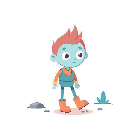 Cartoon boy walks cautiously outdoors with a concerned expressionのイラスト素材