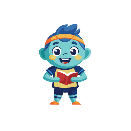 Cartoon boy reading book with happy expression graphic illustrationのイラスト素材