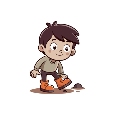 Cartoon boy stepping on small rocks with orange bootsのイラスト素材