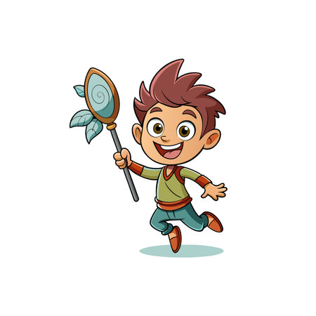 Cheerful cartoon boy with magical scepter jumps happily upwardsのイラスト素材