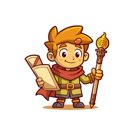 Cartoon adventurer with map and torch exploring new landsのイラスト素材