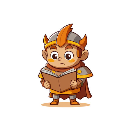 Cartoon knight reading a book with a thoughtful expressionのイラスト素材