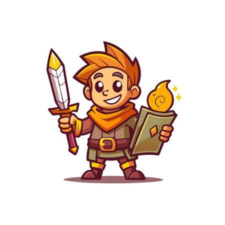 Cartoon boy adventurer holding a sword and a magical bookのイラスト素材
