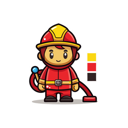 Cute cartoon firefighter in full gear ready for dutyのイラスト素材