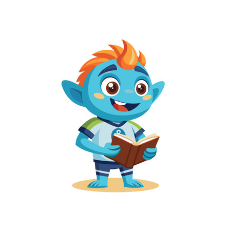 Cartoon blue character enjoys reading a book indoorsのイラスト素材