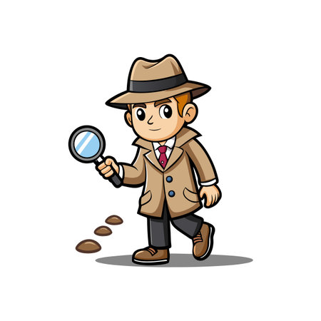 Cartoon detective investigates with magnifying glass following trailのイラスト素材