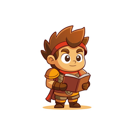 Cartoon Boy Reading Book in Warrior Costume Illustrationのイラスト素材