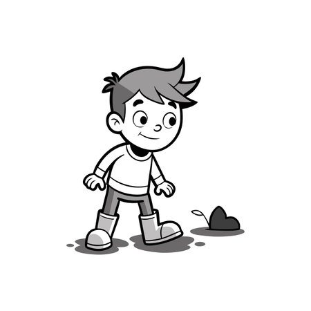 Cartoon boy in boots near a mud puddleのイラスト素材