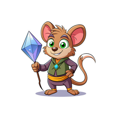 Cartoon mouse holding blue crystal on white background imageのイラスト素材