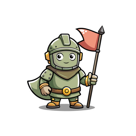 Cute cartoon knight character holding flag in cartoon styleのイラスト素材