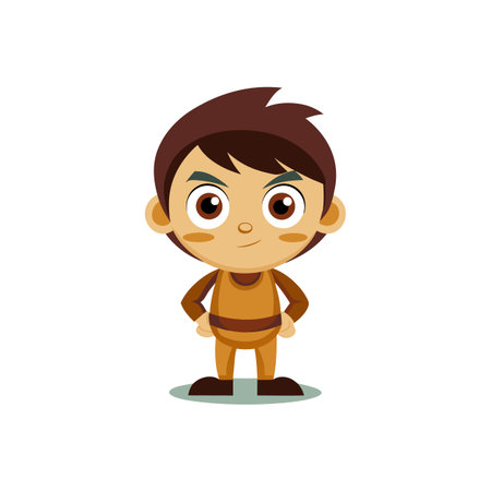 Cartoon boy character in brown outfit with hands on hipsのイラスト素材