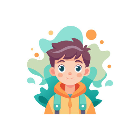Illustration of a boy with backpack against abstract backgroundのイラスト素材