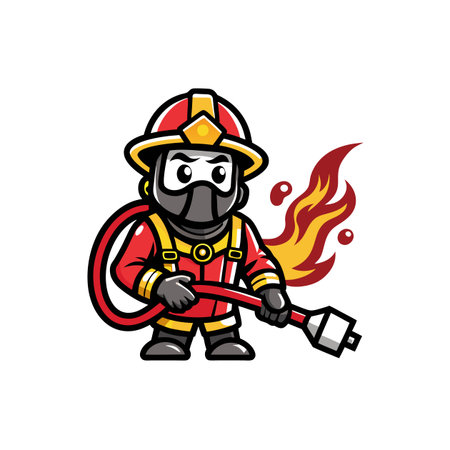 Cartoon firefighter with hose and flames illustration on whiteのイラスト素材
