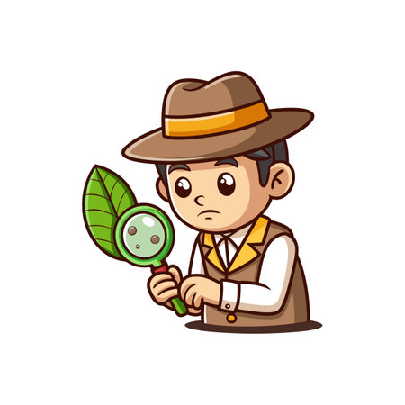 Cartoon detective examining a leaf with a magnifying glassのイラスト素材