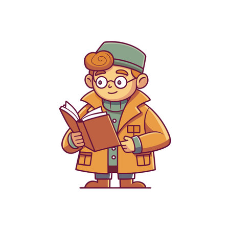 Cartoon man reading book in a stylish brown coatのイラスト素材
