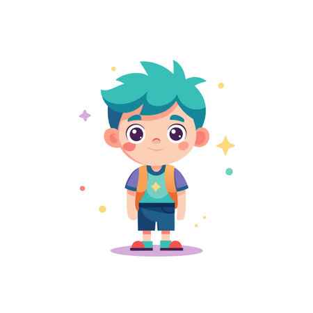Cartoon boy character with teal hair, backpack, and starのイラスト素材