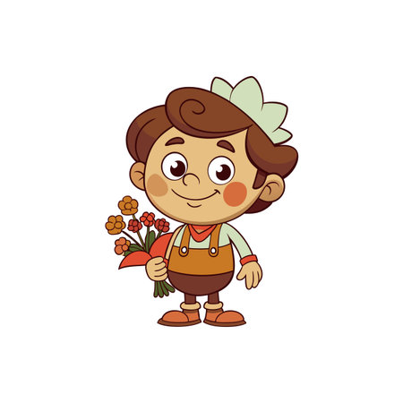 Cute cartoon boy holding colorful flowers with crown illustrationのイラスト素材
