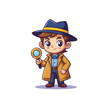 Cartoon detective with magnifying glass looking for evidence clueのイラスト素材