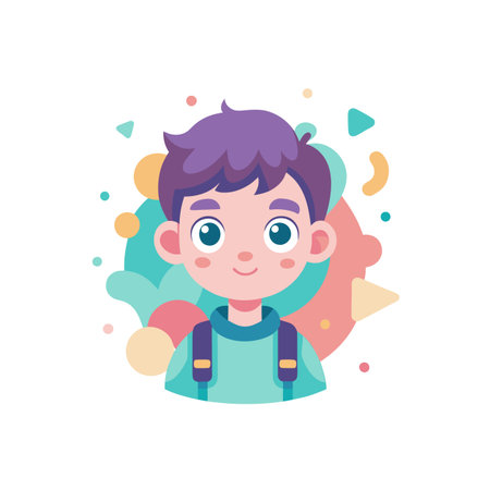 Cartoon Illustration of a Boy with Backpack and Shapesのイラスト素材