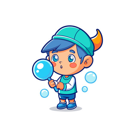Cartoon boy blowing soap bubbles with cartoon soap bubbleのイラスト素材
