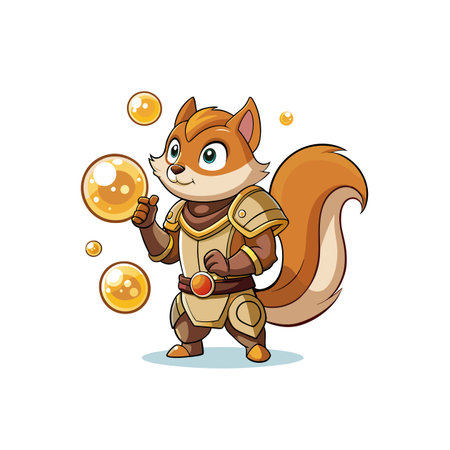 Cartoon squirrel warrior wearing armor playing with golden bubblesのイラスト素材