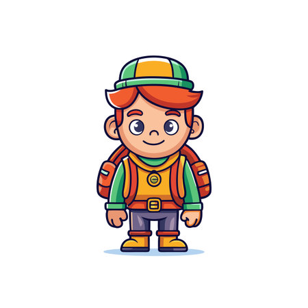 Cartoon style boy with backpack ready for an adventureのイラスト素材