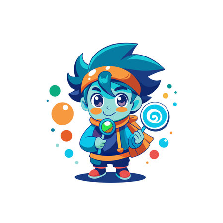 Cute Cartoon Boy with Lollipops Surrounded by Colorful Spheresのイラスト素材