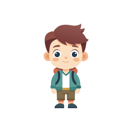 Cartoon boy character illustration with backpack, smiling poseのイラスト素材