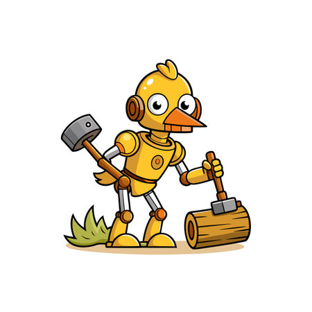 Robotic bird prepares to chop wood with large hammerのイラスト素材