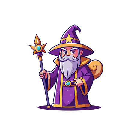 Cartoon wizard with staff vector illustration isolated on whiteのイラスト素材