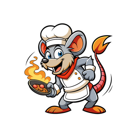 Cartoon chef mouse cooking tomatoes in a skillet with flamesのイラスト素材