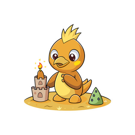 Cute cartoon bird building a sandcastle on the beachのイラスト素材