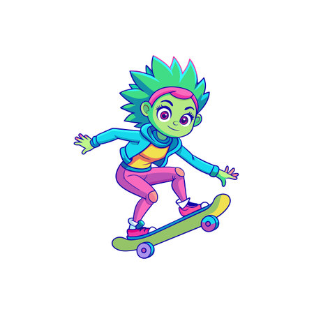 Cartoon girl skateboarding with style and bright colorsのイラスト素材