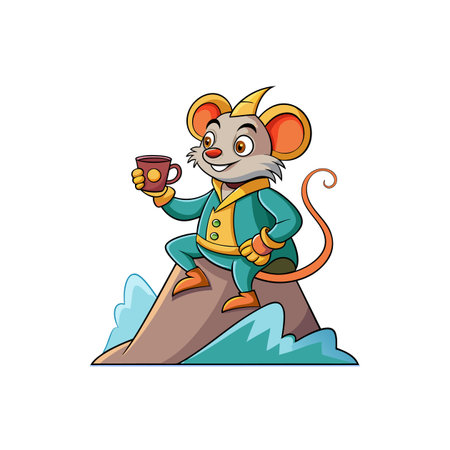 Cartoon mouse drinking tea while sitting on mountain peakのイラスト素材