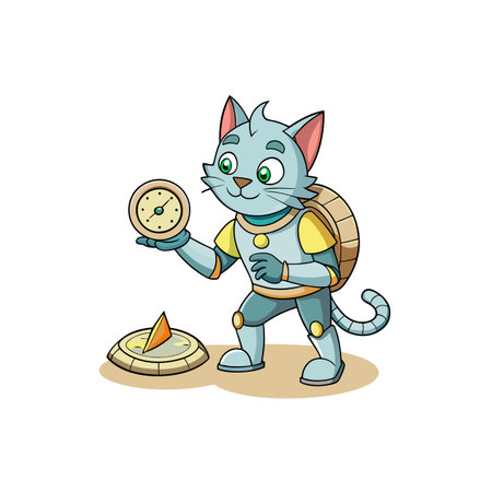 Cat astronaut holding clock beside sundial, cartoon style illustrationのイラスト素材