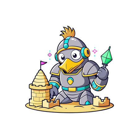 Cartoon penguin knight building sandcastle with diamond toolのイラスト素材