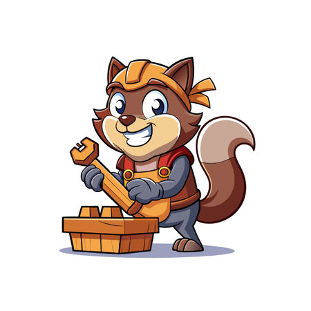 Cartoon fox artisan works wood cheerfully in workshop settingのイラスト素材