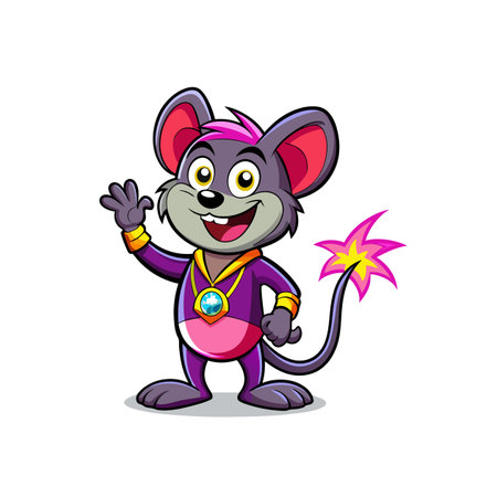 Cartoon mouse mascot character waving with dynamic tail sparkのイラスト素材