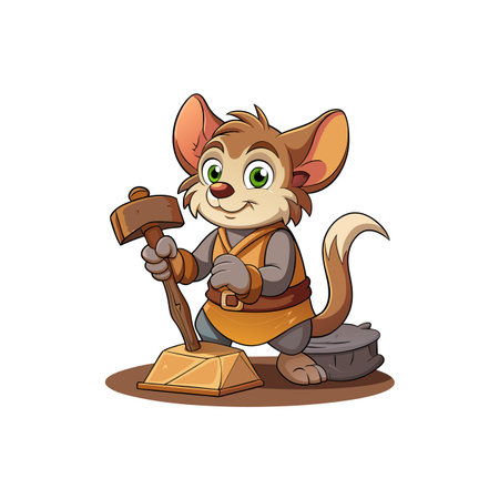 Cartoon mouse character holding hammer in blacksmith sceneのイラスト素材