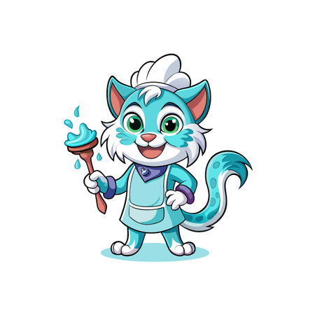 Cute Cartoon Cat Chef Holding Frosting Covered Spatulaのイラスト素材