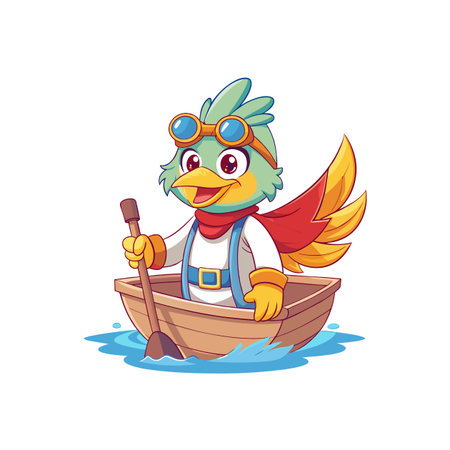 Cartoon bird rowing boat with goggles and red scarfのイラスト素材
