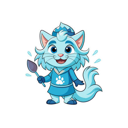 Cartoon snow cat painter with brush ready to paintのイラスト素材