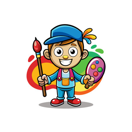 Cartoon artist kid holding paintbrush and painter color paletteのイラスト素材