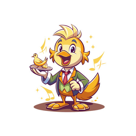 Cheerful bird waiter serving avian delicacy on silver platterのイラスト素材