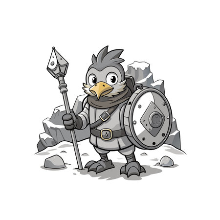 Cartoon bird knight character illustration with shield and staffのイラスト素材
