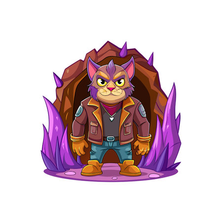 Cool cat cartoon character poses in front of crystal caveのイラスト素材