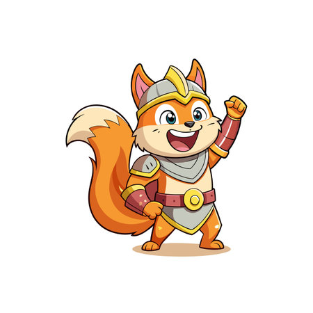 Cartoon squirrel knight hero celebrating victory with raised fistのイラスト素材