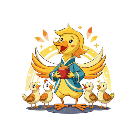 Cartoon duck mother feeding her ducklings with red bowlのイラスト素材