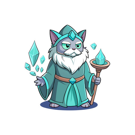 Cartoon Cat Wizard Character with Crystals Illustration Stockのイラスト素材