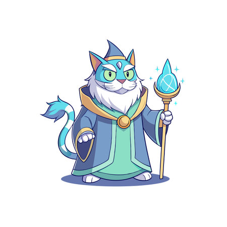 Cartoon cat wizard with staff on white background illustrationのイラスト素材